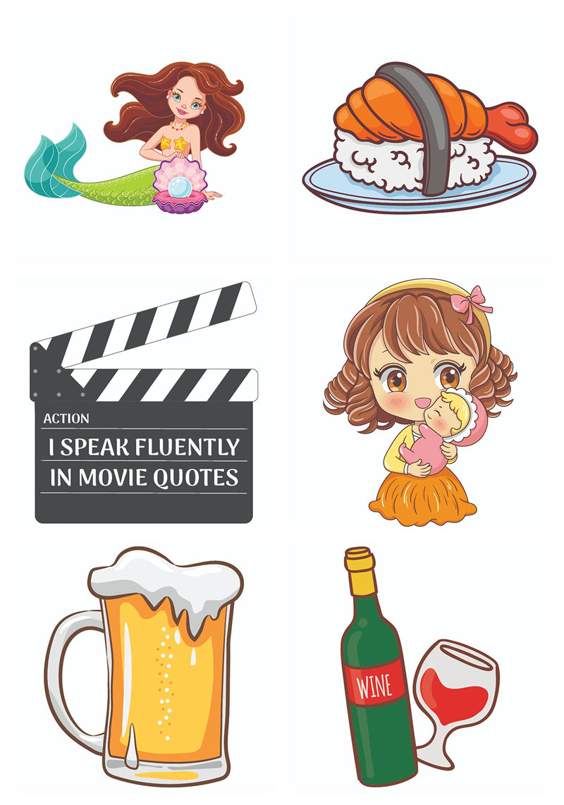 Bhai Please Mermaid, Chicken Rice, Movie Clapboard, Mom and Baby, Beer Glass and Wine Wooden Fridge Magnet (Pack of 6 pcs, one pc Each Design)