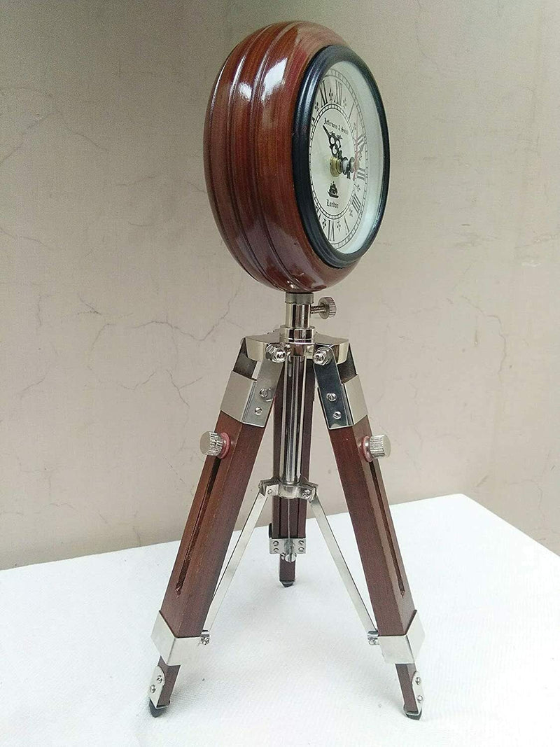 Crafty Hand Antique Nautical Tripod Stand Clock Steel Finish Table Clock Vintage Style Wood