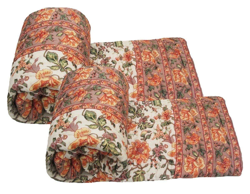 OCEANFAB Jaipuri Light Weight Pure Cotton Traditional Rajasthani Print Orange Colour Single Bed Quilt/Razai/Rajai-Set of 2