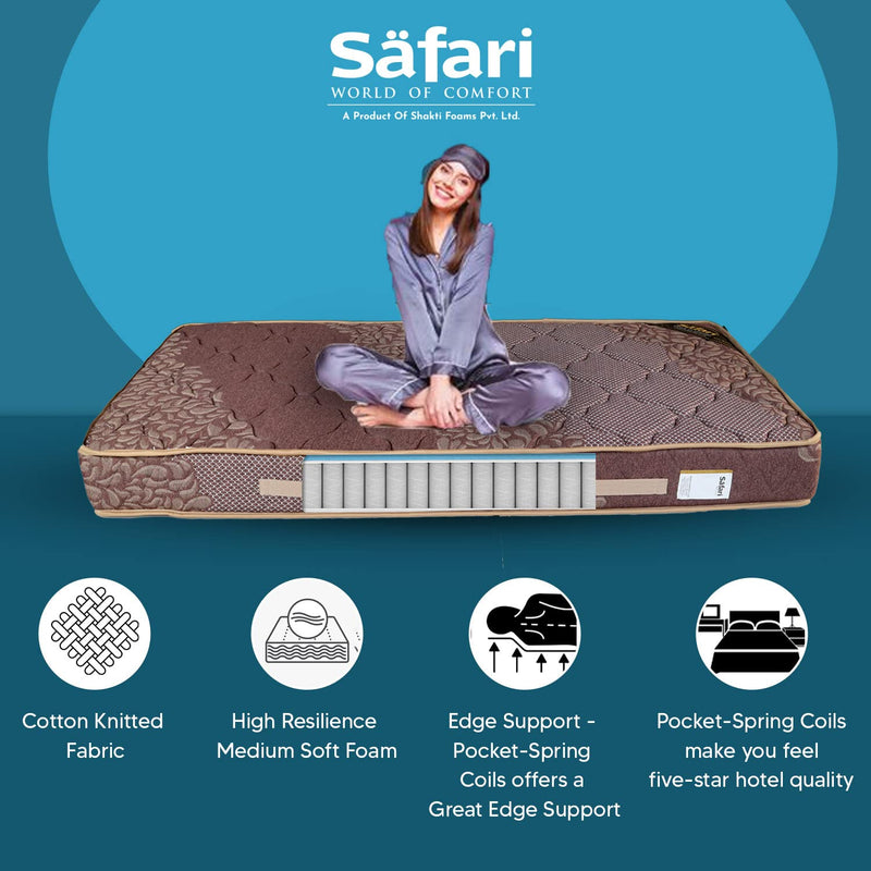 Safari Pocket Spring Single Size Mattress, Single Bed Mattress, 5-Inch Bed Mattress, Medium Soft, Comfort, Adaptive Support, 5 Years Warranty (72x35x5)