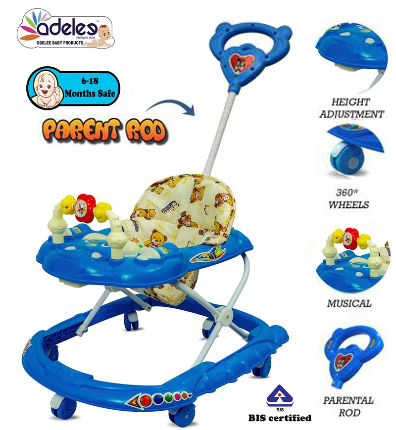 ODELEE Musical Activity Baby Walker 111 with Music & Parent Handel Rod & Adjustable Height for Kids (Blue)