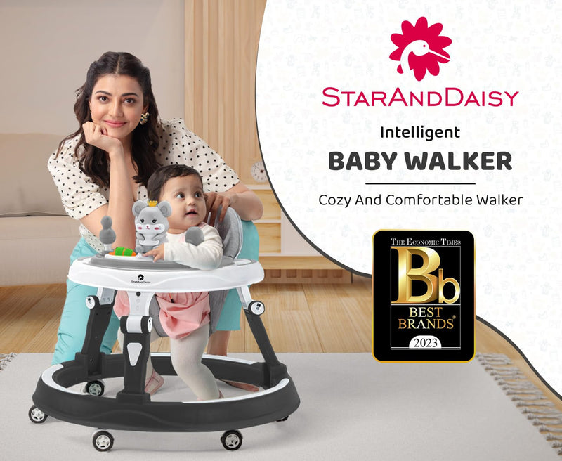 StarAndDaisy 360� Baby Walker Adjustable Height, Multi-Function Anti-Rollover Folding Walker with Height Adjustable 6-24 Months Baby Walker with Recreational Toy bar (Black)