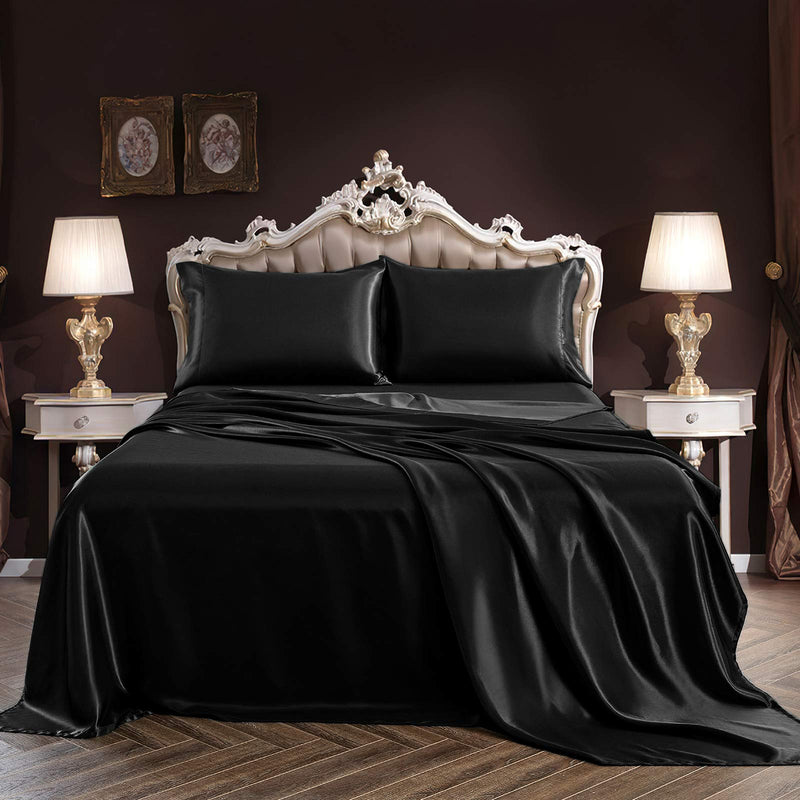 SiinvdaBZX 4Pcs Satin Sheet Set California King Size Ultra Silky Soft Black Satin Bed Sheets with Deep Pocket, 1 Fitted Sheet, 1 Flat Sheet , 2 Envelope Closure Pillowcases