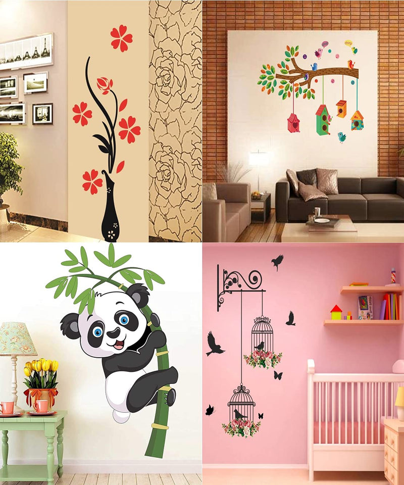 Ghar Kraft PVC Wall Sticker Baby Set of 4 (Panda, Red Flower Vase, Branches and Cages, Bird House On A Branch)