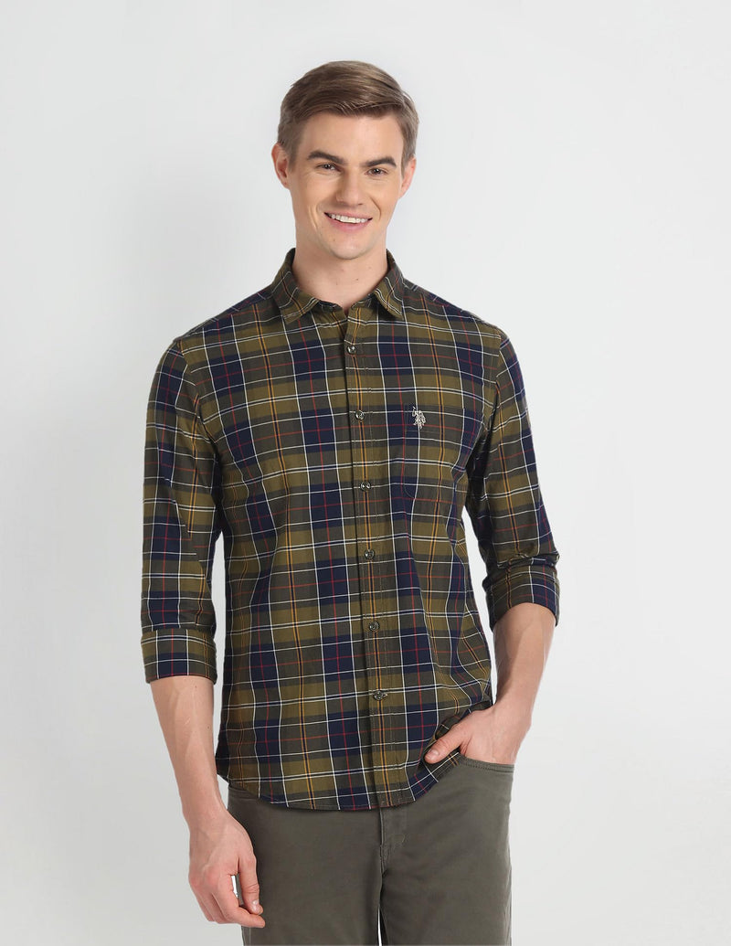 U.S. POLO ASSN. Men's Checkered Slim Fit Shirt (UDSHT0718_Olive