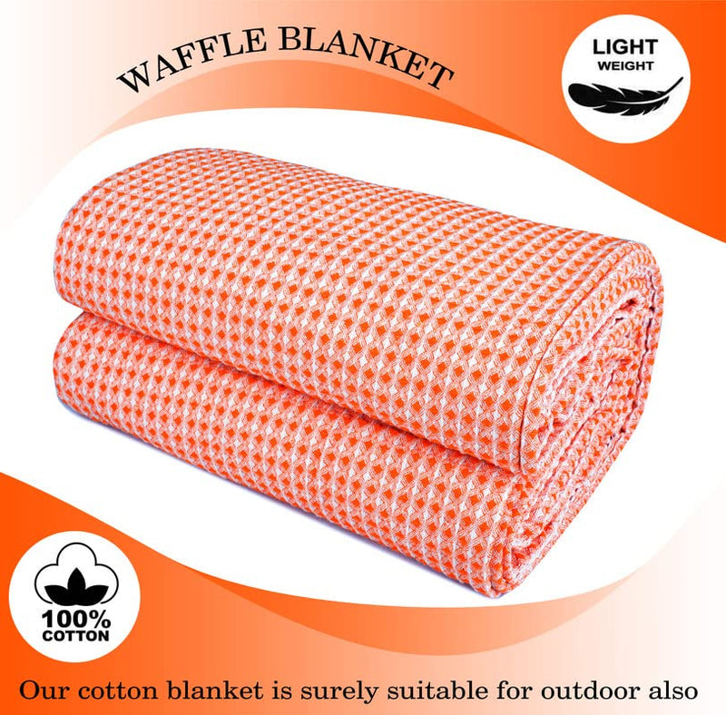 BSB HOME 100% Pure Cotton Thermal Blanket Breathable, Soft Waffle, Cozy & Skin Friendly All Season for Bed & Sofa Indoor andOutdoor Single Bed Blanket | Dohar (Colour-Orange, 152 x 228 Cm)