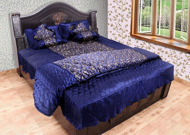 Generic Dark Blue Satin Gold Printed Double Bed ??? Bedding Wedding Set (Set of 8 pcs) 1 Double Bed Bedsheet::2 Pillow Cover::1 AC Comforter::2 Filled Cushions::2 Filled Bolsters