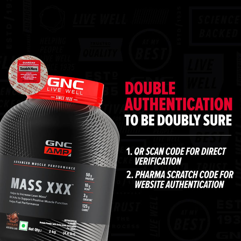 GNC AMP Mass XXX Gainer | 2 Kg | Boosts Lean Muscle Gains | Amps Up Workout Results | Increases Strength & Endurance | 50g Protein | 10g BCAA | 125g Carbs | 3g Creatine | Chocolate| Imported