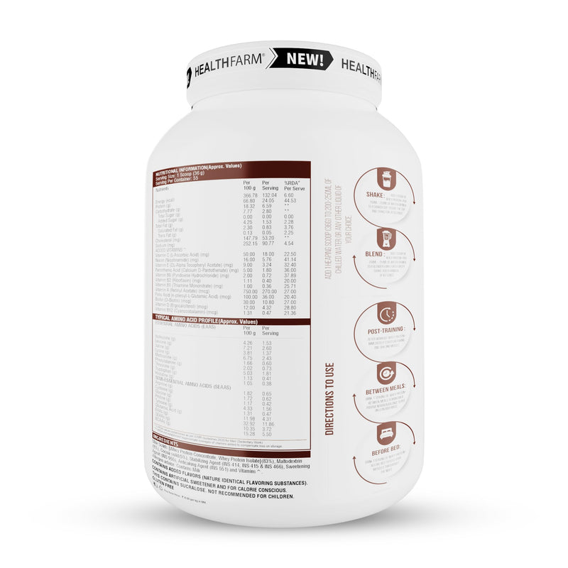 HEALTHFARM Whey Protein Plus with added vitamins, 24g Protein Per Serving, Build Lean and Bigger Muscle (Flavour-Rich Chocolate, 2kg-4.4lbs)