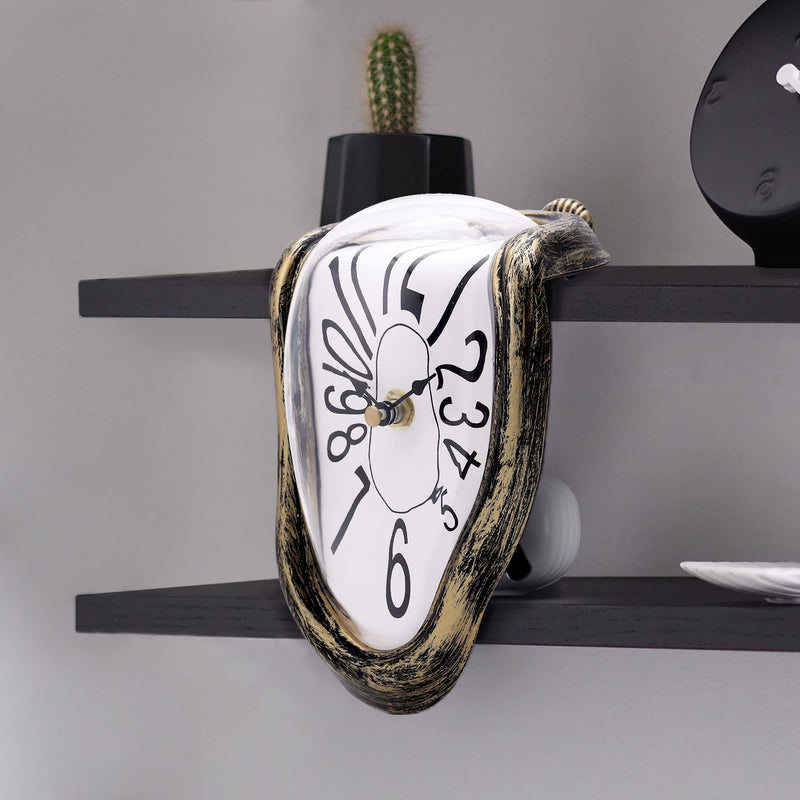 Lafocuse Silent Melting Clock Antique Gold, Salvador Dali Watch Melted Clock, Surrealism Dripping Clock, Funny Creative Gift Shelf Clock for Home Kitchen Office Desk Table