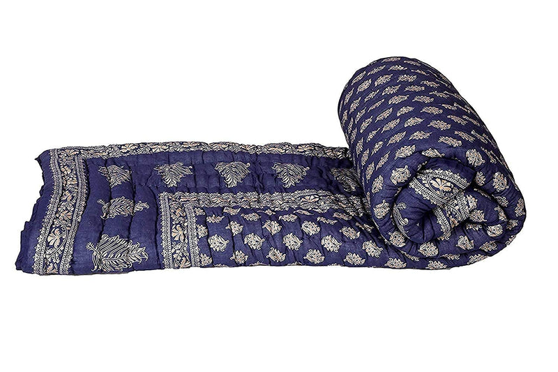 Slickcomfort Pure Cotton Jaipuri Razai Traditional Sanganeri Print Light Weight Razai AC/Winter Quilt/Razai (Blue_Gold, Double Bed)