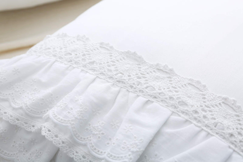 White Luxury Elegant Lace Bed Flat Sheet with Ruffles Bed Top Sheet King or California King Size 100% Cotton 1 Piece