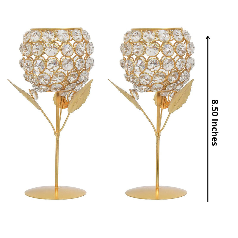 WebelKart New Premium Crystal Rose Brass Candle Holder for Decoration - Set of 2 (8.50 in) Candle Stand for Diwali