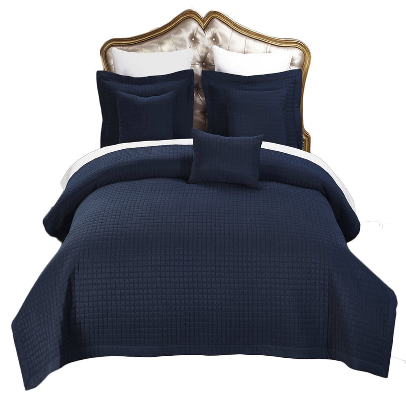 Luxury Checkered Quilted Wrinkle Free Microfiber Multi-Piece Coverlets Set (Navy, King/ California King)