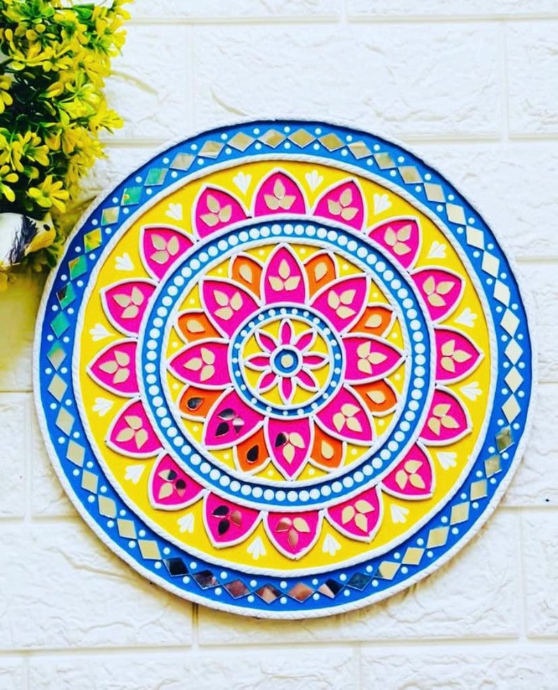 Unique wants Lippan art wall hanging home decoration in circle with mirror. work, pink- yellow -Blue