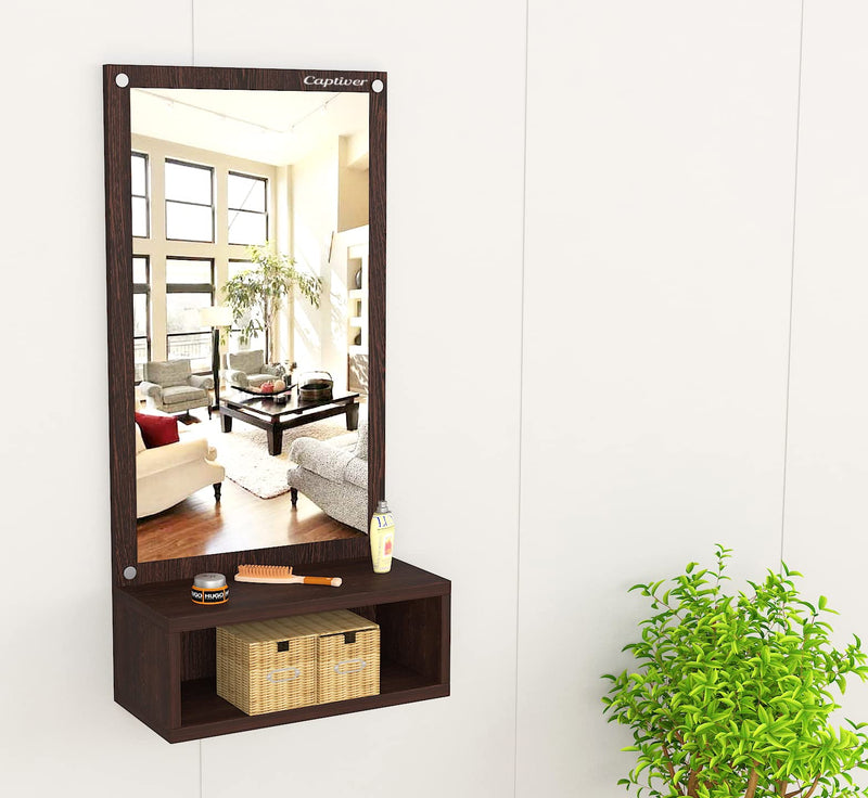 Captiver Engineered Wood Frameless Wall Mounted Mirror with 1 Storage Box (Matte Finish Wenge) Bathroom Bedroom Living Room Stand