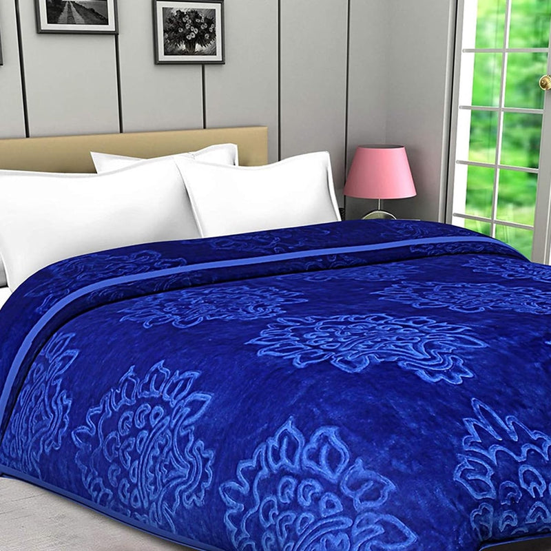 BENAVJI Mink Floral Embossed Super Soft Heavy Bed Velvet for Winter Blanket Quilt Rajai (Blue, Single)