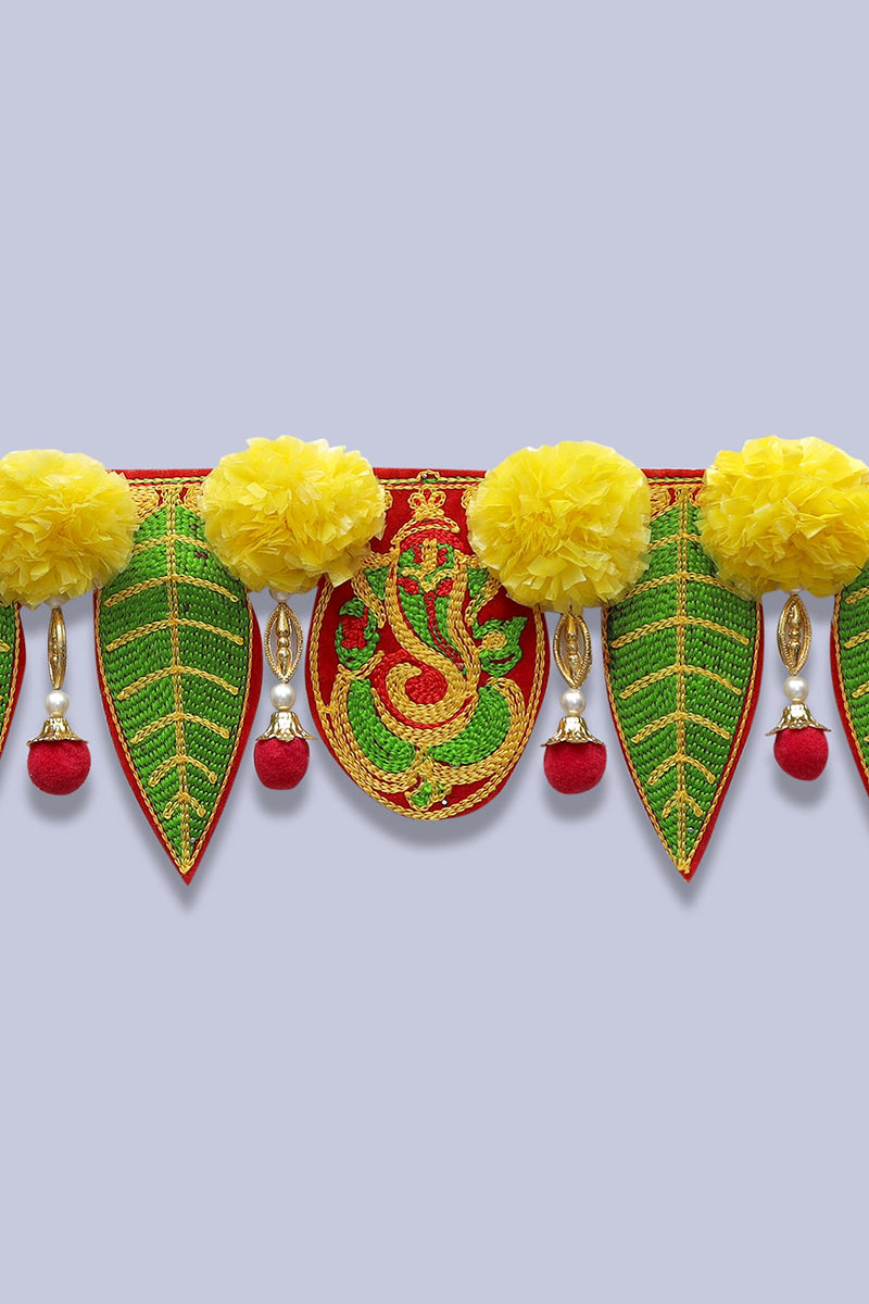 Shreeji Handicraft Ganesh Pan Toran with Artificial Yellow Marigold Flower Door Toran Toran, 25.4 CM