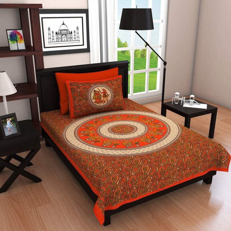 Ubania Collection® 100% Comfort Cotton Jaipuri Rajasthani Traditional Handcraft Sanganeri Print 144 TC Single Bedsheet with 1 Pillow Cover (Orange, Single)