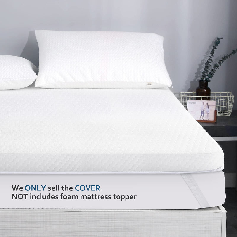 Cover for Mattress Topper King, 3 - 4 Inch King Size Memory Foam Cover with Zipper, Removable Cooling Bamboo Jacquard and 3D Mesh Fabric Backing Latex Mattress Topper Cover with Straps