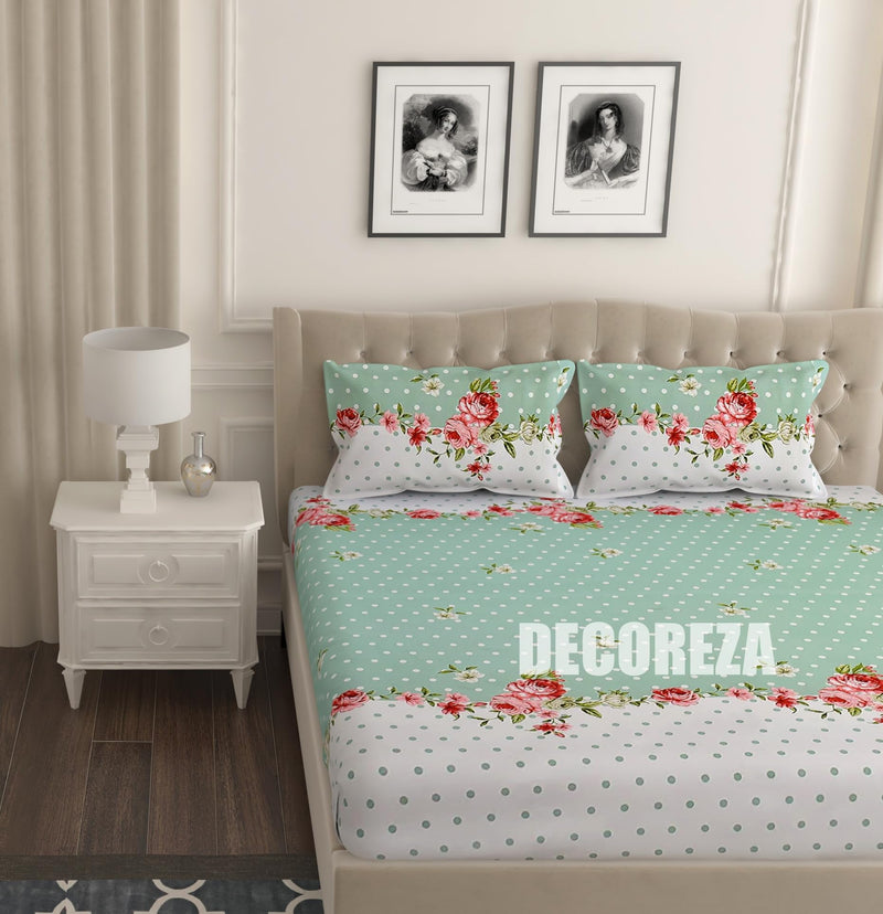 DECOREZA 300TC All Around Cotton Elastic Fitted Bedsheets Queen Size, Premium Queen Size Bedsheet with Elastic Soft Fitted Bedsheets for Queen Bed with 2 Pillow Covers, Size 60" x 78" (Green Dot)