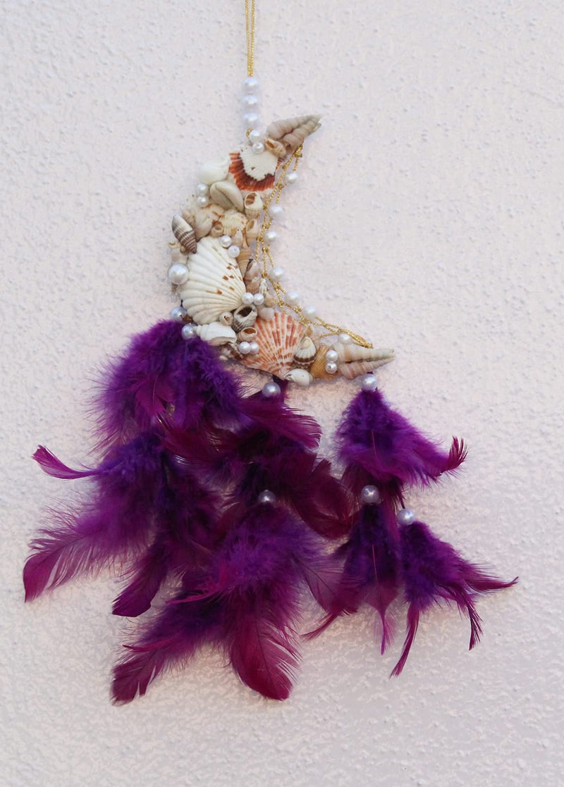 Yuvicreations, Moon Shape, sea Shell Dream Catcher, Fine Quality Feathers. Purplish Brown