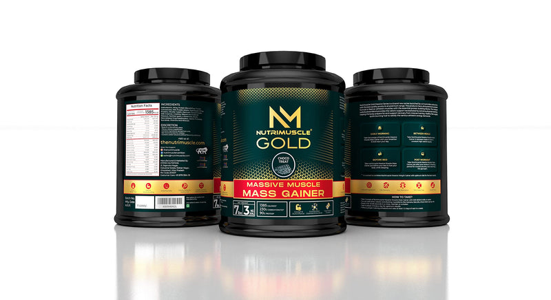 Nutrimuscle Massive Gold Muscle Mass Gainer - 7 Lbs - 3.175 Kgs Choco Treat | Weight Gainer | Contains Complex Carbohydrates, Bcaa, Digestive Enzymes & Essential Vitamins & Minerals | Made in India