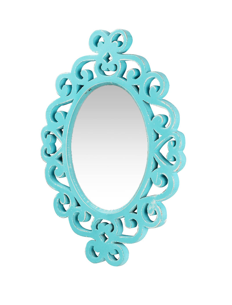 THE URBAN STORE Decorative & Hand Crafted Wooden Wall Mirror in Diatressed Blue Finish (45 x 35 cm)