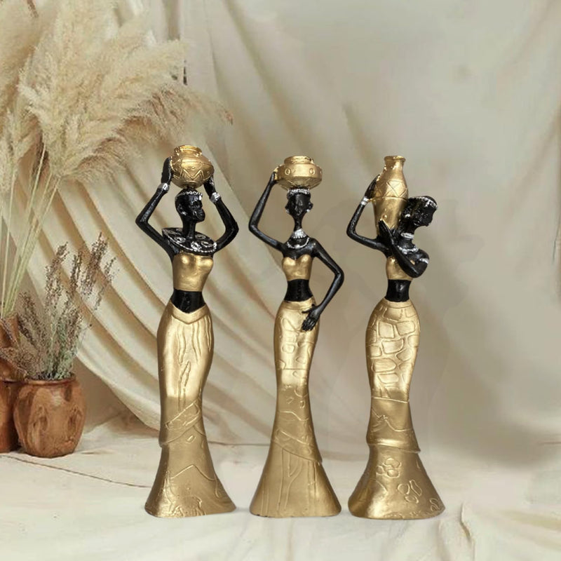 Xtore Beautiful New Golden & Black African Women for Home Decor (Pack of 3, Golden & Black)