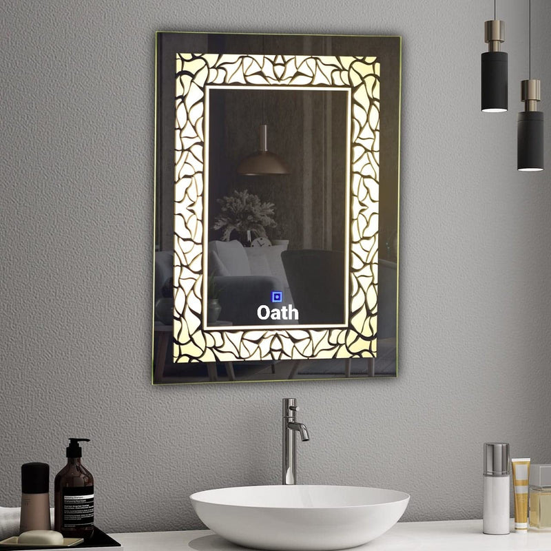 Crystal Indian Glass Led Wall Mounted Washroom Mirror with Triple Light with Vertical Design, Unframed (18X24)