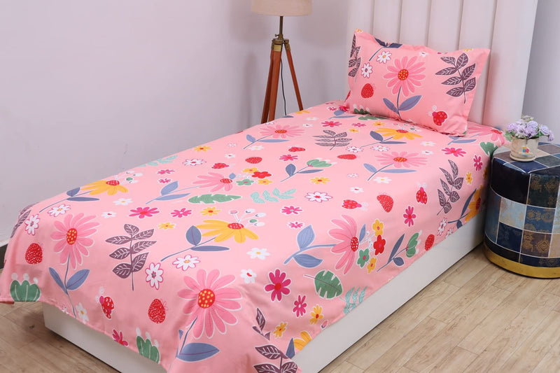 RD TREND Polycotton Printed Single Flat Bedsheet with 1 Pillow Cover (18 X 28 Inch) (Pink)