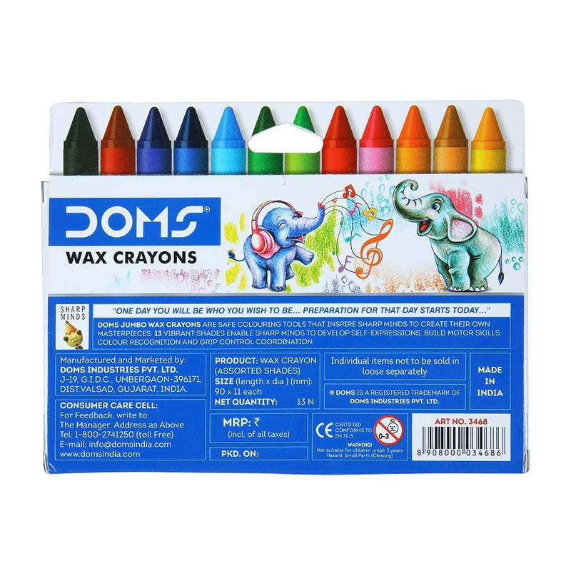 Doms 12 Shades Jumbo Wax Crayons | Smooth & Even Shading | Bright & Playful Colors | Free Silver Crayon Inside | Non-Toxic & Safe for Childrens | Pack of 1