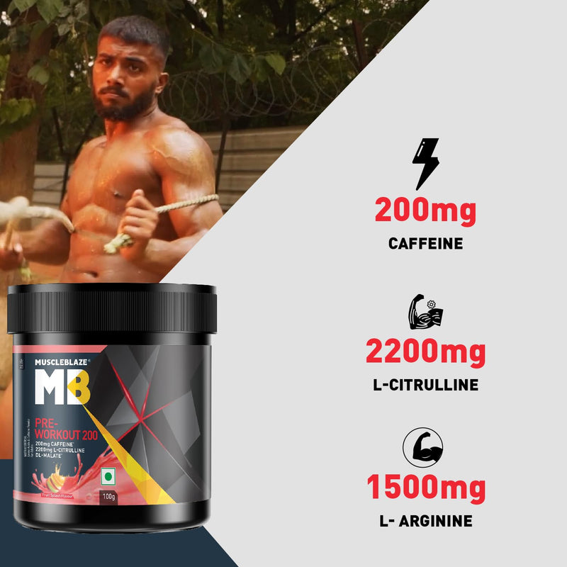 MuscleBlaze Pre Workout 200, 200mg Caffeine, 2200mg Citrulline (Fruit Splash, Pack of 100g Powder, 20 servings)