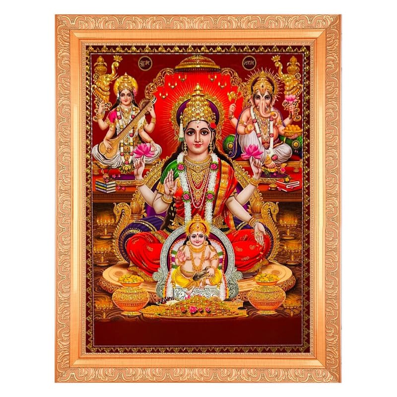 BM TRADERS Lakshmi Saraswati Ganesh Kuber With Crystal Effect Art Work Photo In Golden Frame Big (14 X 18 Inches)