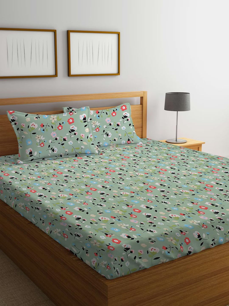 LOOMLYFE Cotton Feel Glace Cotton Elastic Fitted Printed King Size Double Bed Bedsheet with 2 Pillow Covers Fits Upto 8 inches Mattress,Size- 72x78x10 Inches, Green Small Flower