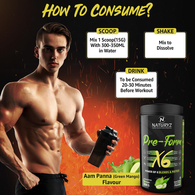 Naturyz Pre - Form X6 Pre Workout Supplement With Highest 19 Nutrients For Extreme Pump, Powder, Endurance, Energy, Focus, Muscle Builder, Vitamins & Electrolytes- 400G (Aam Panna Flavour)