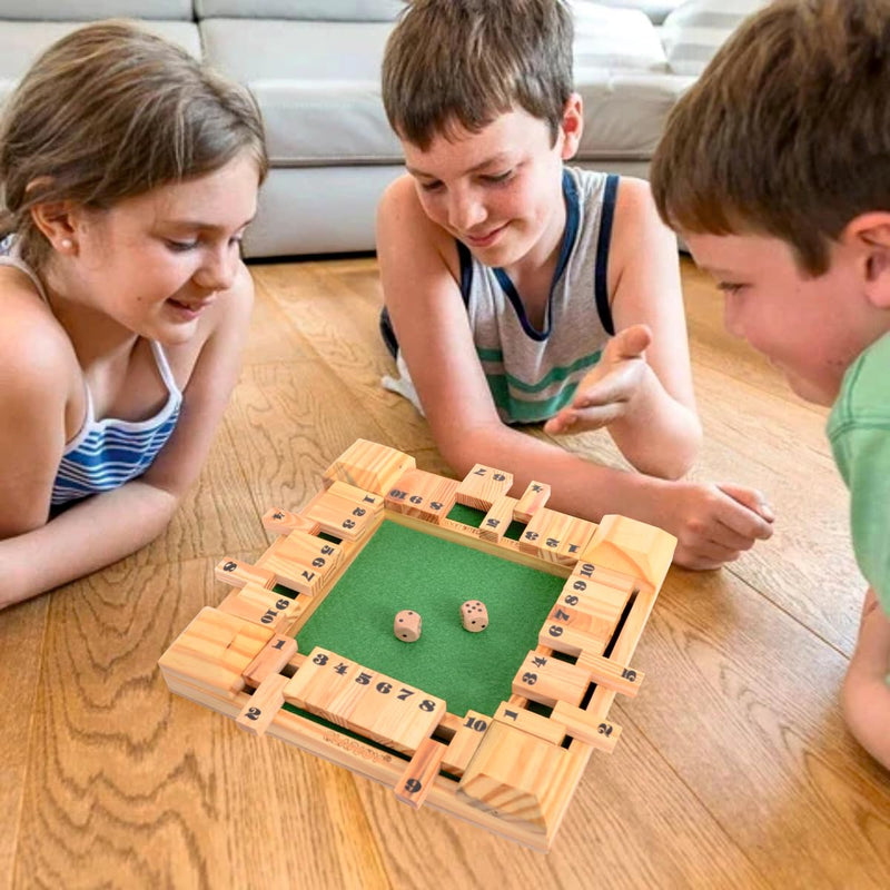 Clapjoy Shut The Box Dice Game for Kids & Adults [4 Sided Large Wooden Board Game, 2 Dice + Repeat Scorecard Usage] Educational Math Learning Toy, Table Top Game for The Party Family