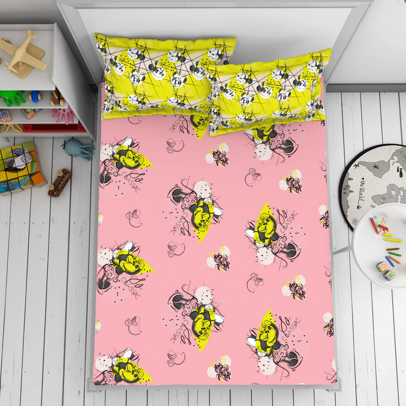 Disney Minnie 100% Cotton Breathable Machine Washable Great Value Double Bedsheet (Character, 229CMX254CM/43CMX68CM) - Pink