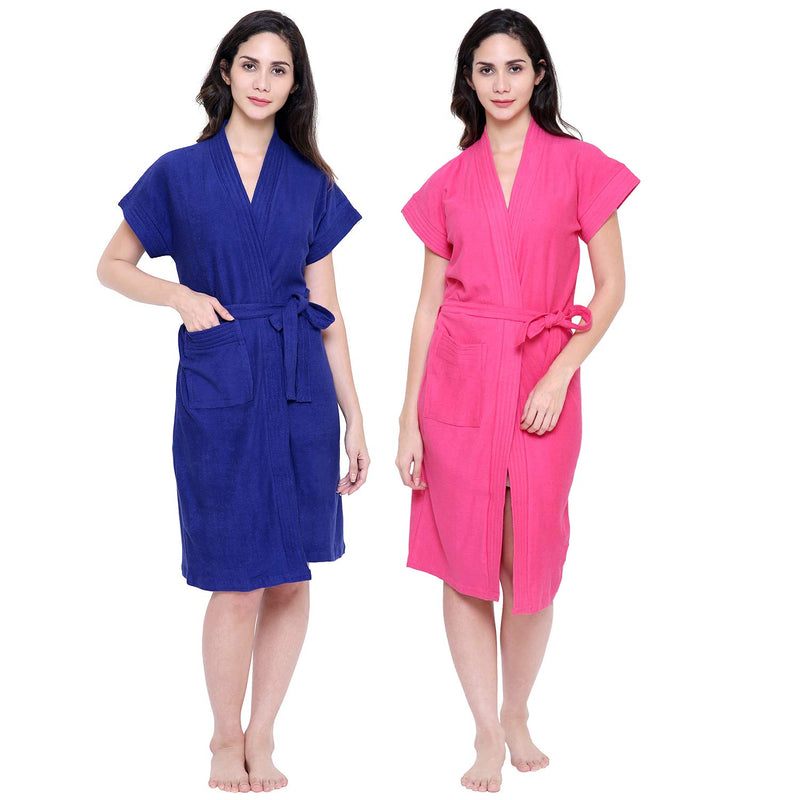 Secret Wish Women's Towel Fabric Bathrobe (Free Size, Blue-Pink)