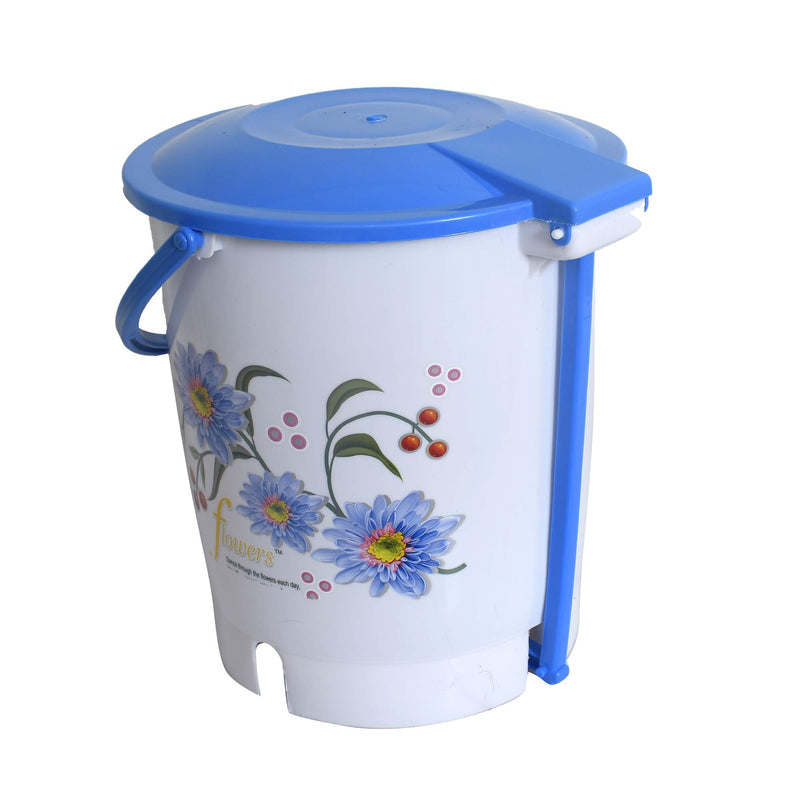 Kuber Industries Step On Pedal Dustbin/Bucket with Lid|Flower Print & Solid Plastic Material|Size 28 x 28 x 32 CM, Pack of 2, Capicity 10 Liters (Pink & Blue)-KUBMART10952