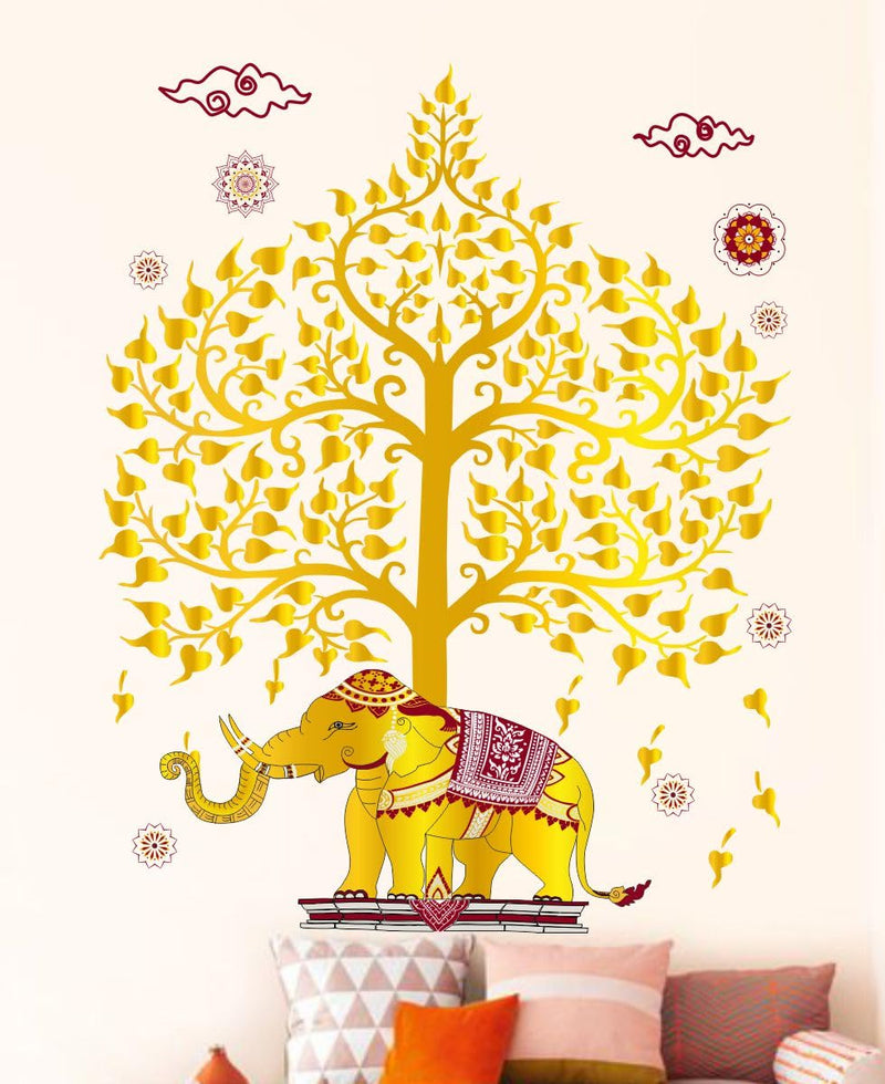 Vcreate Decor Decorative Elephant with Golden Tree Wall Sticker & Decal,Size- 66 Cm X 40 Cm