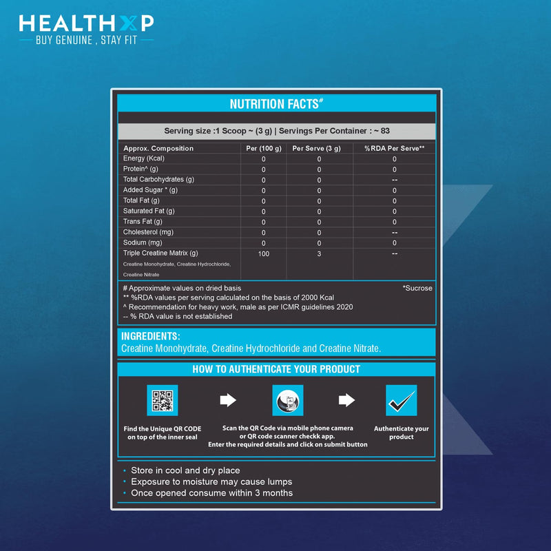 HealthXP Micronised CREA3IN Triple Creatine Matrix (Creatine Monohydrate, Creatine Hydrochloride,Creatine Nitrate) 250gm, Unflavoured, 83 servings