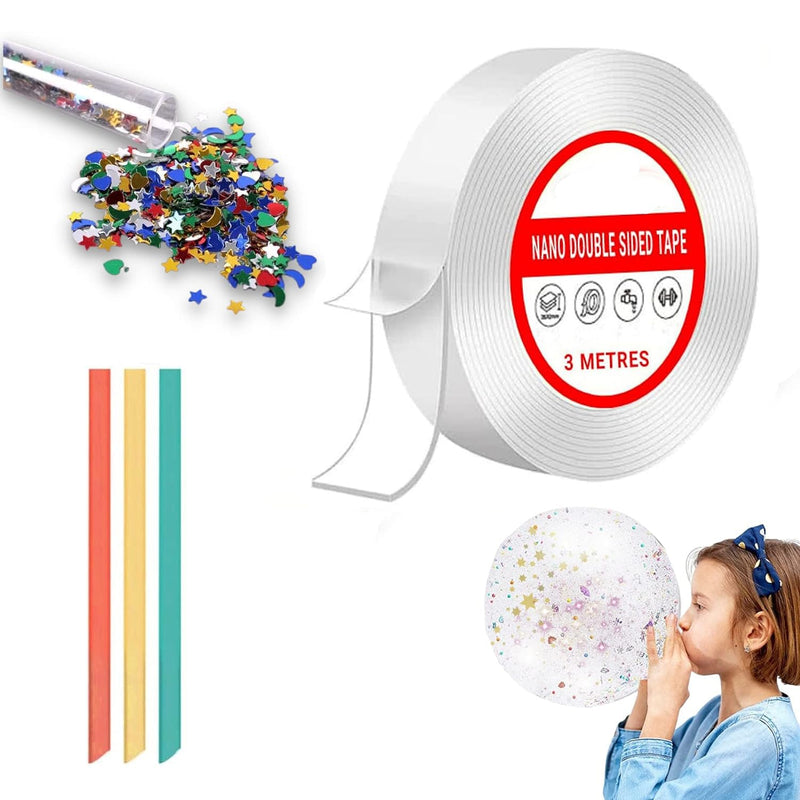 CARBOFIX Nano Tape with 1 Glitter Flakes 3 Straw for Balloon Double Sided Ivy Grip Tape for Walls Washable Reusable Strong Sticky Strips Multicolour Moon & Heart Art and Craft DIY