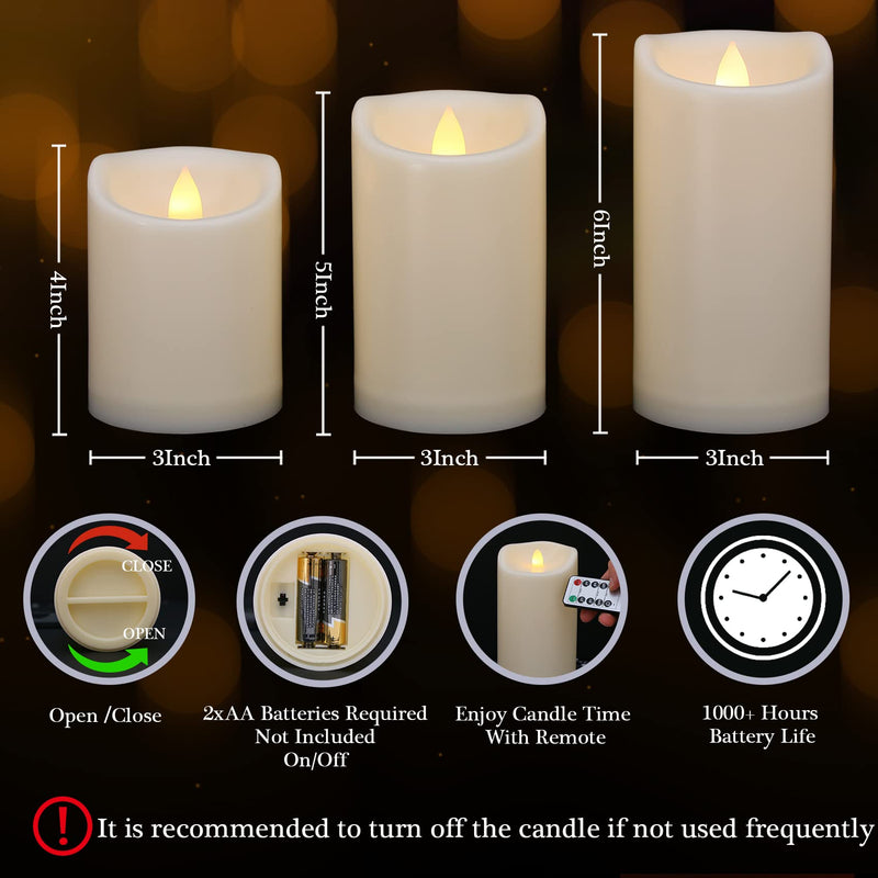 AONELAS 7LinRay Flameless Flickering Candles with Remote and Timers, 1000 Hours Waterproof Ourdoor Indoor Battery Operated LED Pillar Candles, Ivory Plastic, Set of 3(D 3" x H 4" 5" 6")