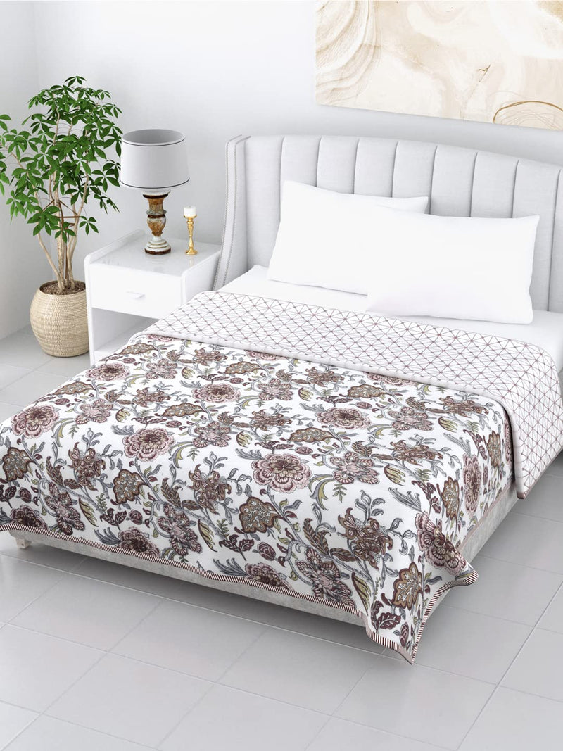 LIVING ROOTS 100% Cotton Blankets Double Bed, All Season Reversible AC Blanket Comforter, 3 Layer Dohar - 90 x 100 inches (Grey Flowers)