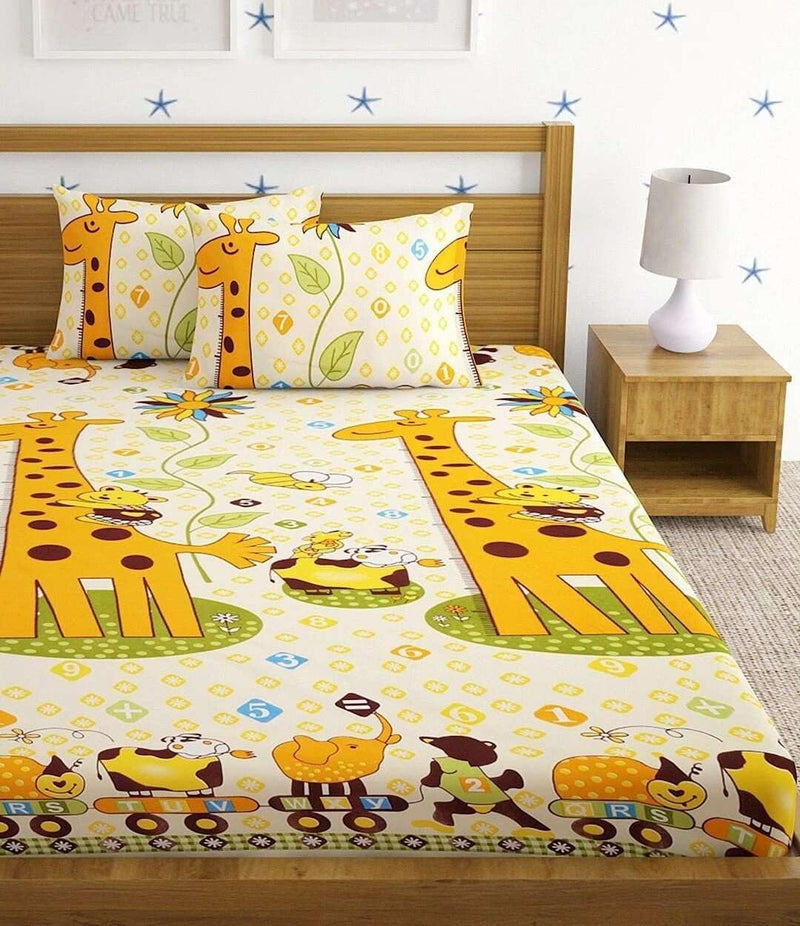 Premium Cotton All Around Elastic Fitted Double Bed Bedsheet (72” x 78”) with 2 Pillow Covers (16" x 26") (BS16 (B) Yellow Animal)