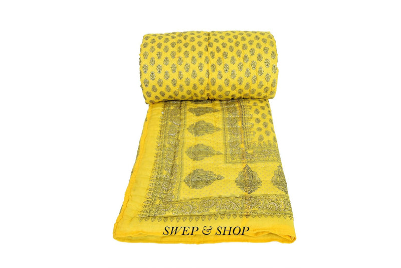 Namaste India Cotton Quilt Blanket (Single, Yellow)