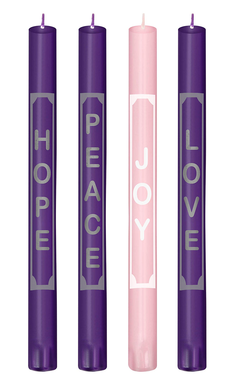 Advent Candles With Words Love, Peace, Hope, Joy On the Candles - Christmas Advent Candle Set of 4 For Advent Rings and Advent Wreaths- Premium Hand Made - Self Fitting End - For Church Advent Wreath