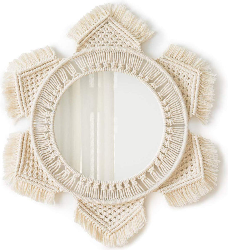 Waterlily House's Macrame Cotton Fringe Boho Round Hanging Wall Mirror (Off- White, Framed)