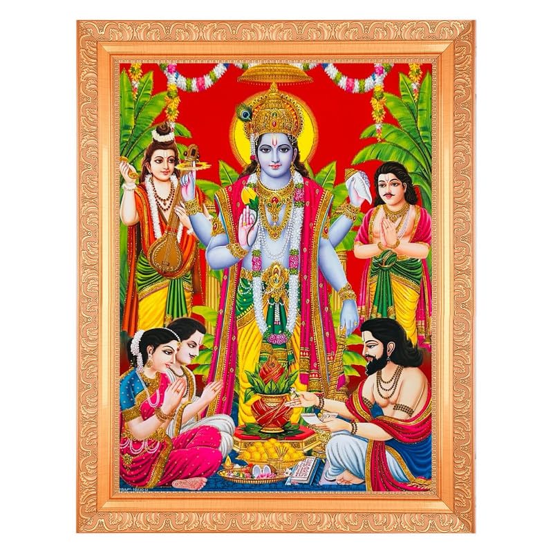 BM TRADERS Satyanarayan Golden Zari Artwork Photo In Artwotk Golden Frame Big (14 X 18 Inches)